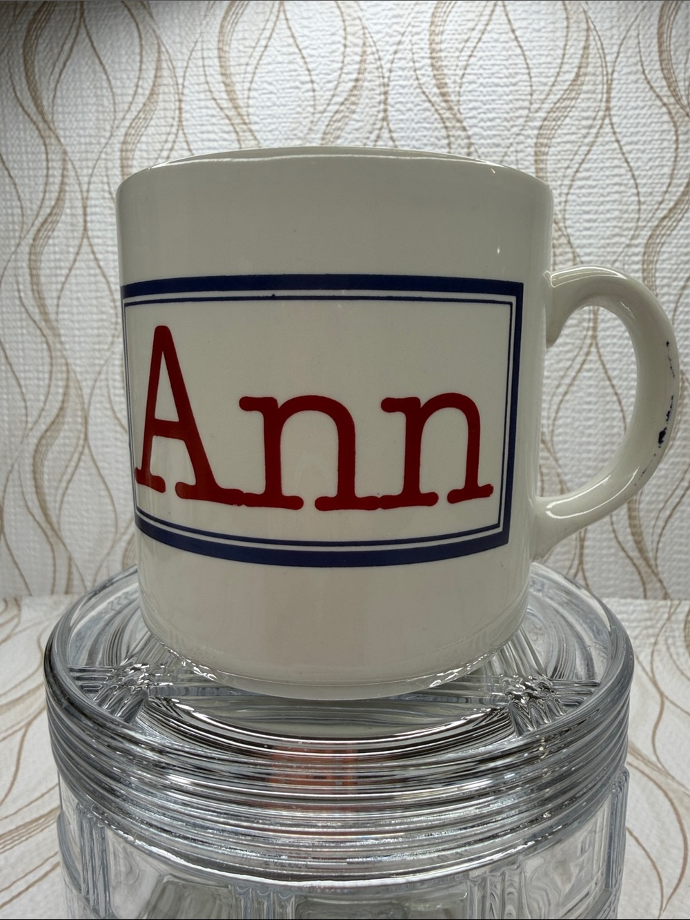 White Ceramic Mug with Red "Ann" Print and Navy Trim